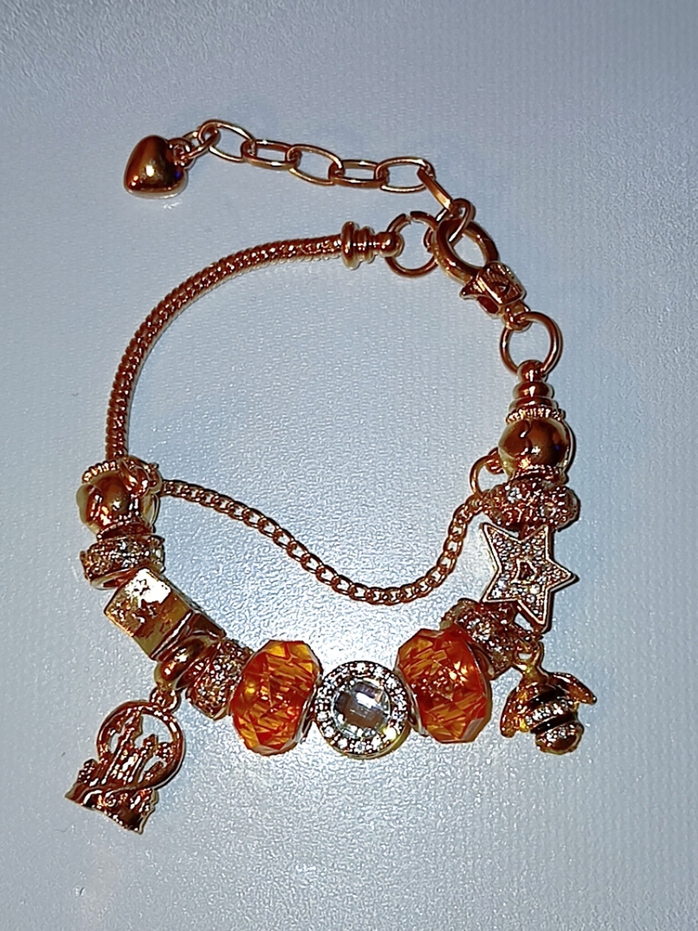 Women's Gold Charm Bracelet with Orange Beads
